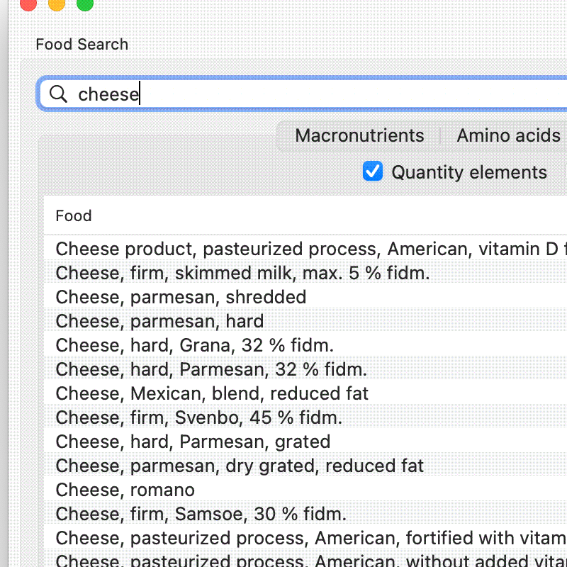 Searching for a food in Nutrientbook.